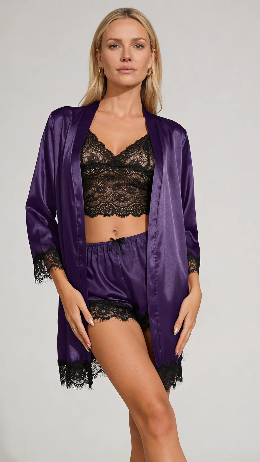 Aurora โ Satin Lace Lounge Set with Kimono & Shorts