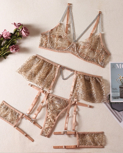 Sexy Jacquard See-through Mesh with Chain Decoration Fun Lingerie Set