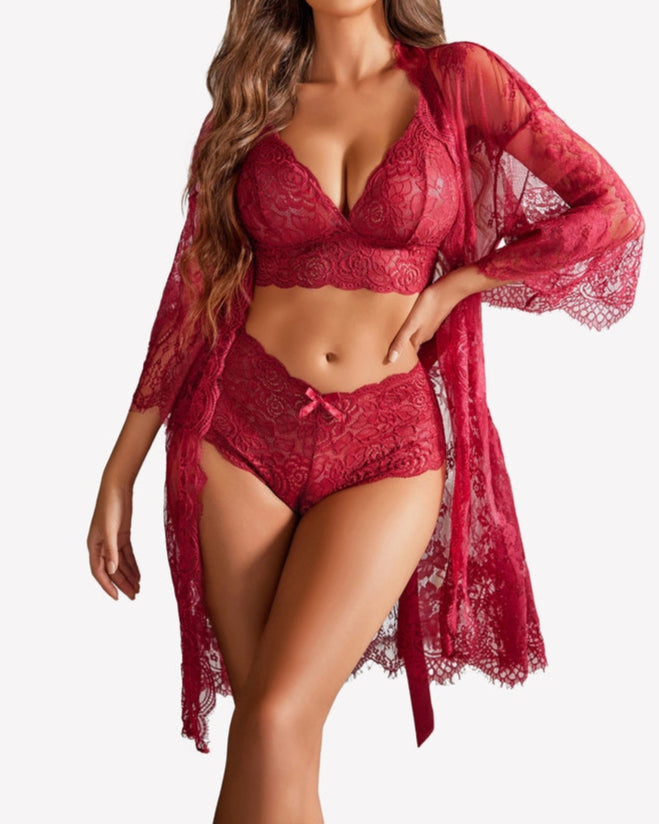 Women's Sexy Lace Bra Panties and Mesh Nightgown 3-Piece Set