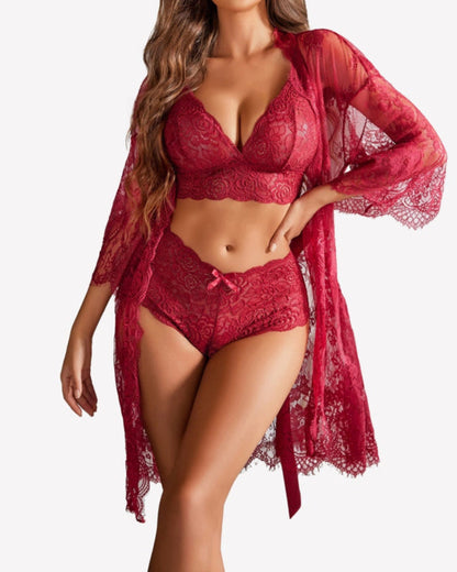 Women's Sexy Lace Bra Panties and Mesh Nightgown 3-Piece Set
