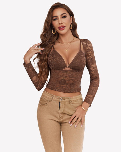 Mesh Long Sleeve Crop Top with Bra Set