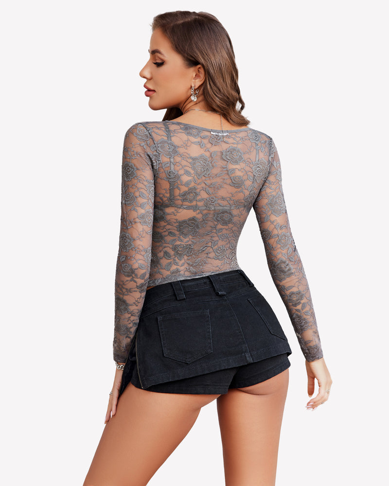 Mesh Long Sleeve Crop Top with Bra Set