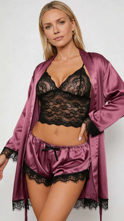 Aurora – Satin Lace Lounge Set with Kimono & Shorts