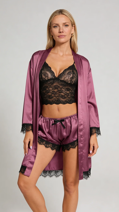 Aurora – Satin Lace Lounge Set with Kimono & Shorts