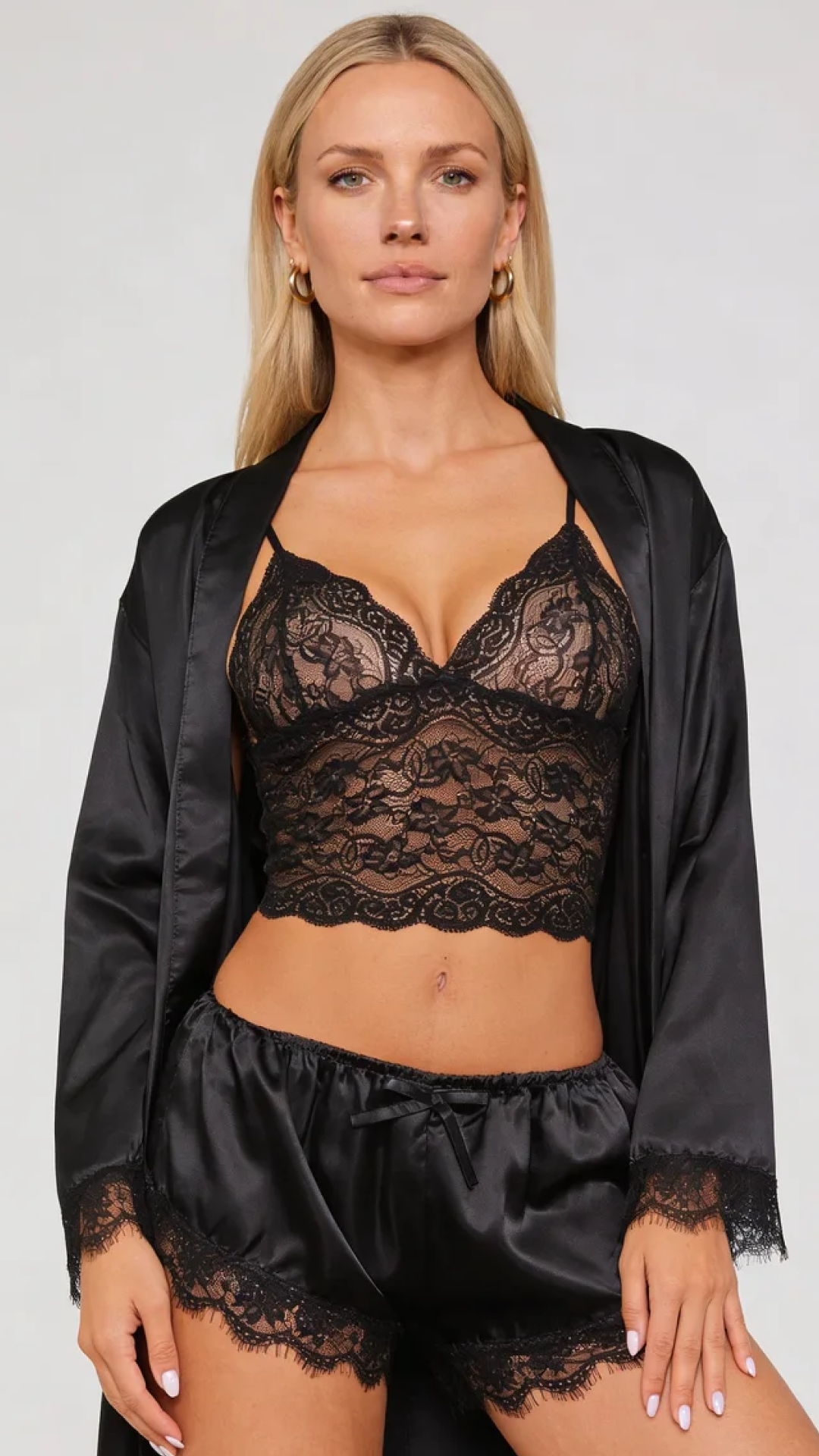 Aurora – Satin Lace Lounge Set with Kimono & Shorts