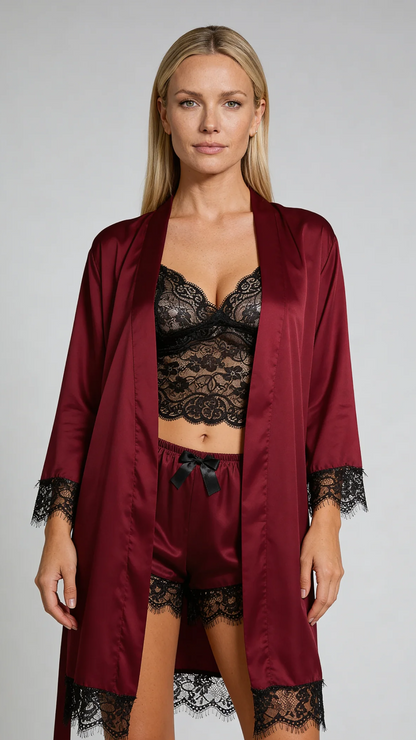 Aurora – Satin Lace Lounge Set with Kimono & Shorts