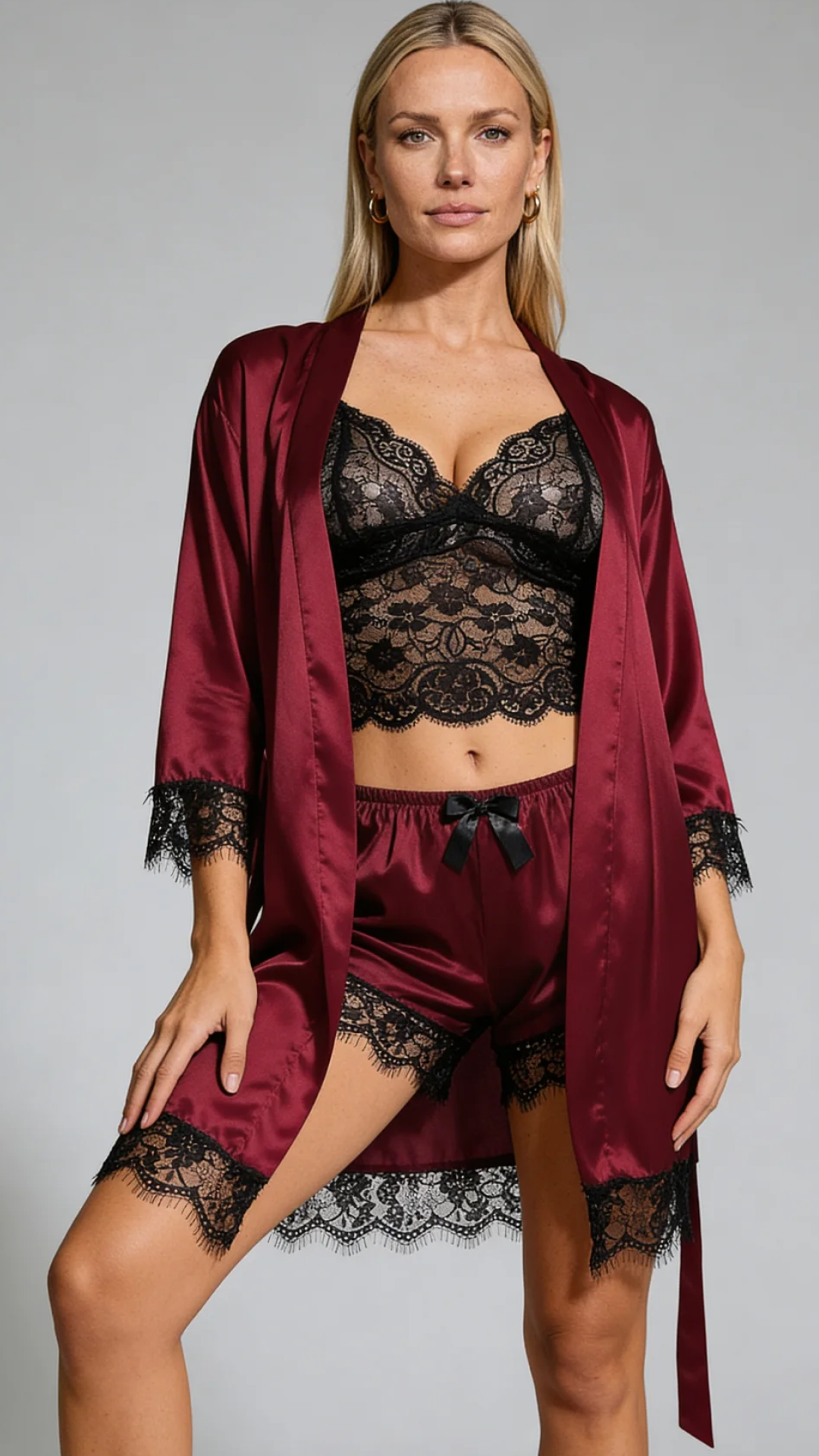 Aurora – Satin Lace Lounge Set with Kimono & Shorts