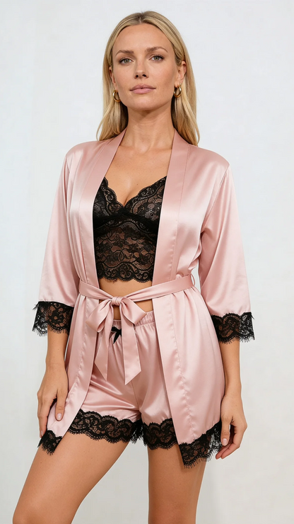 Aurora – Satin Lace Lounge Set with Kimono & Shorts