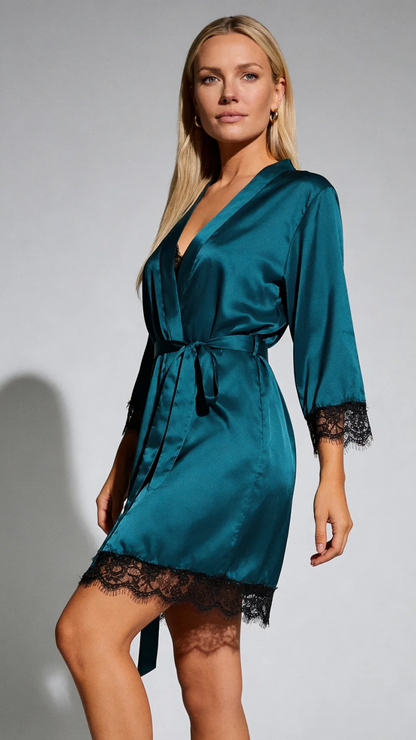 Aurora – Satin Lace Lounge Set with Kimono & Shorts