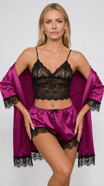 Aurora – Satin Lace Lounge Set with Kimono & Shorts