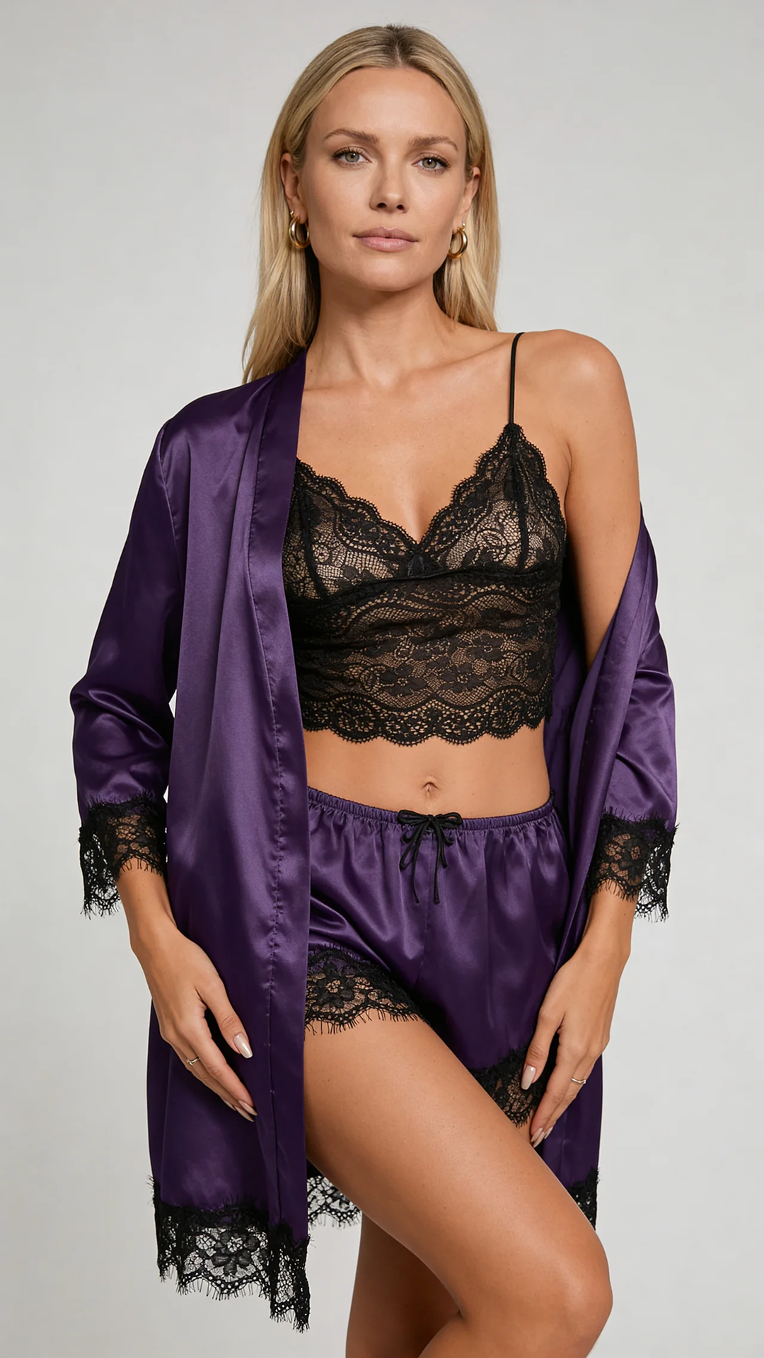 Aurora – Satin Lace Lounge Set with Kimono & Shorts