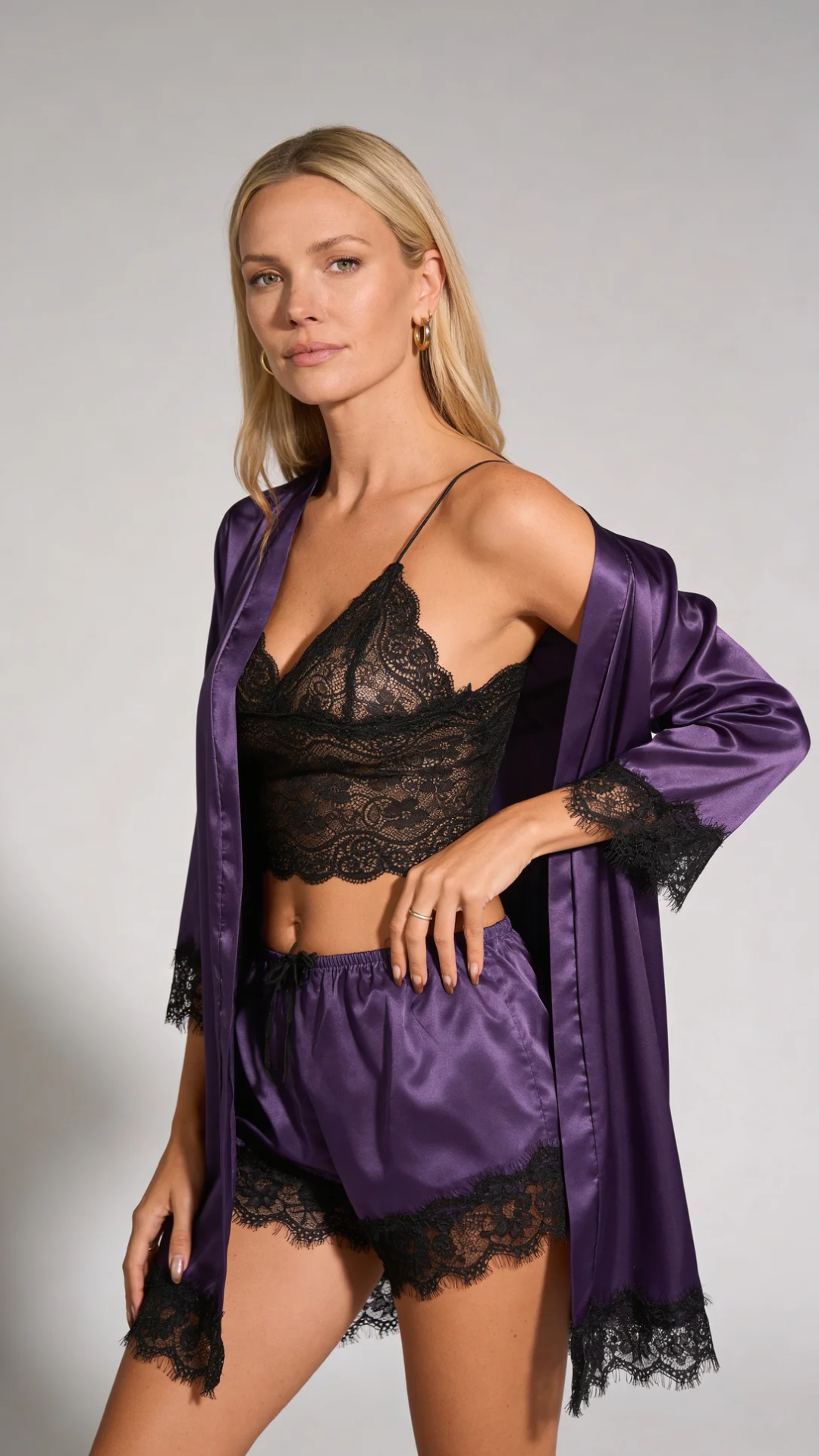 Aurora – Satin Lace Lounge Set with Kimono & Shorts