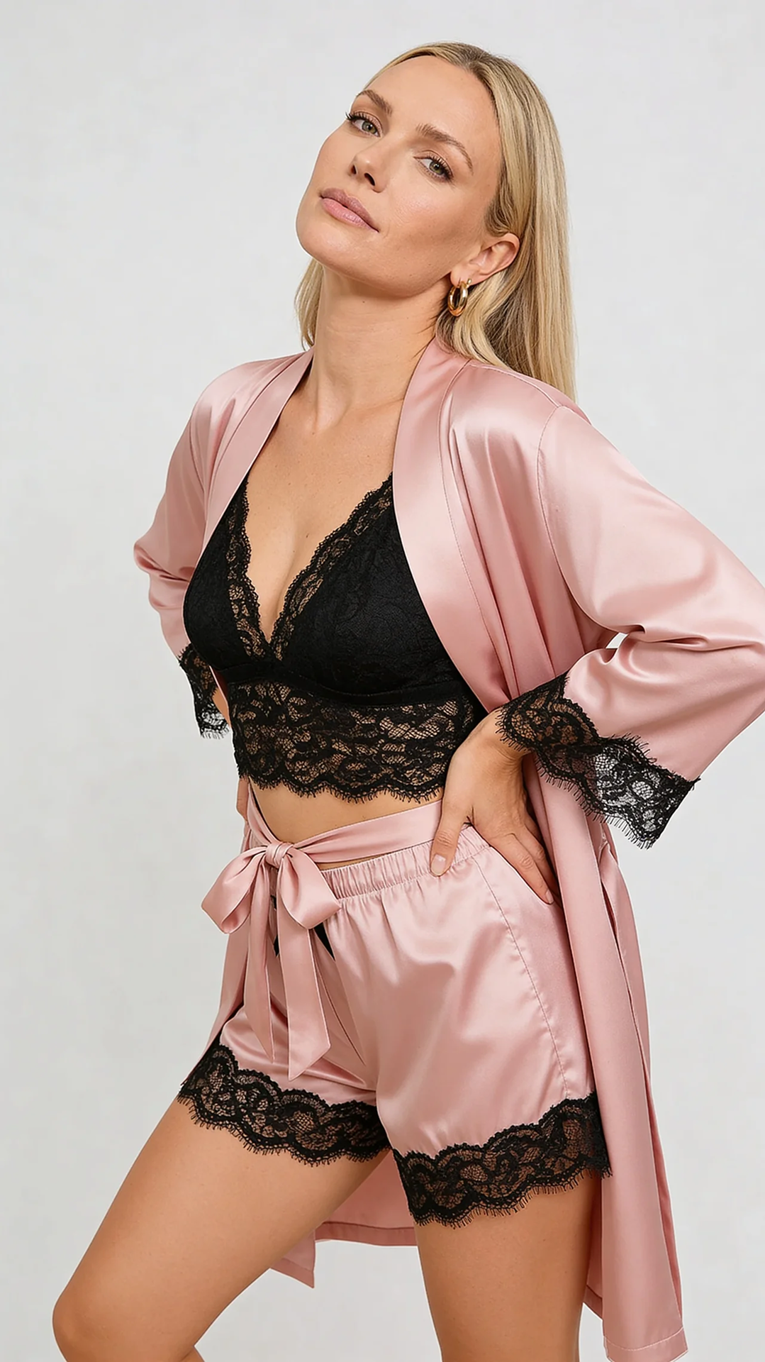 Aurora – Satin Lace Lounge Set with Kimono & Shorts