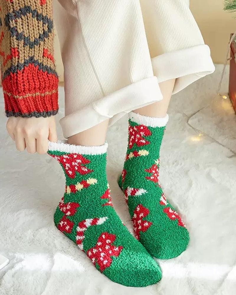 Christmas Coral Fleece Fun Print Mid-calf Warm Socks