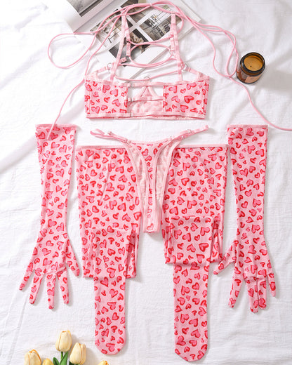 Valentine's Day Pink Heart Leopard Print Bust Cutout Lingerie with Gloves and Stockings Set